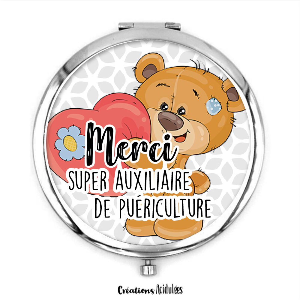 Miroir de poche - Merci super auxiliaire de puériculture (ours)