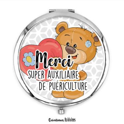 Miroir de poche - Merci super auxiliaire de puériculture (ours)